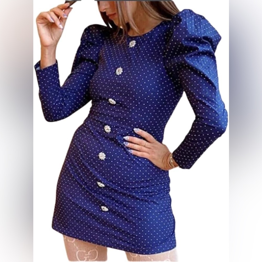 DANIELLE BERNSTEIN Navy Puff Sleeve Mini Dress Small NWT - Picture 2 of 11